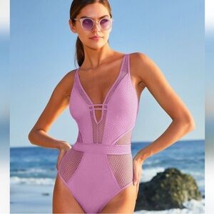 New! Becca Network Plunge-Neck One-Piece Swimsuit Lavender‎ Sz Small $148